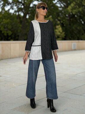 Yushi Tunic Top M Black White Grid Colorblock Lagenlook